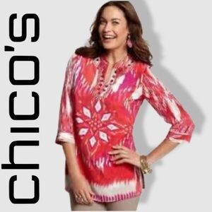 Chico's Red White Ikat Boho Tunic Top Beaded Embellished Size 2/ US 12/ Large